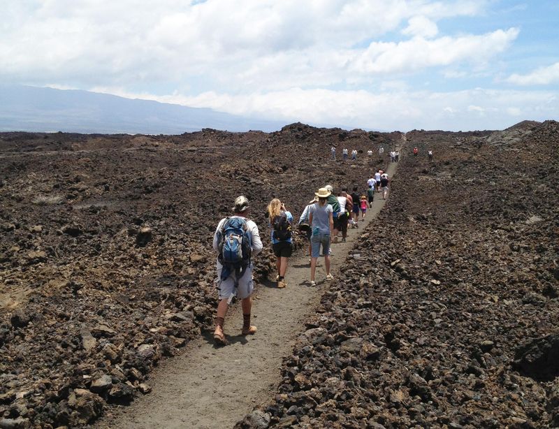 Group of hikers walk along a straightened path in lava field