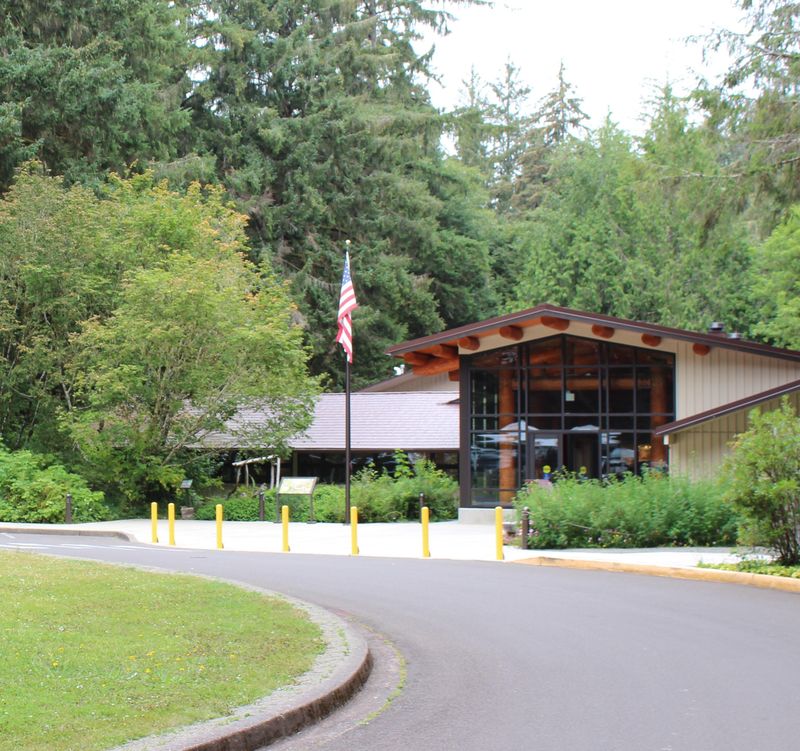 The Fort Clatsop Visitor Center, the front covered in large windows and large trees surrounding it.