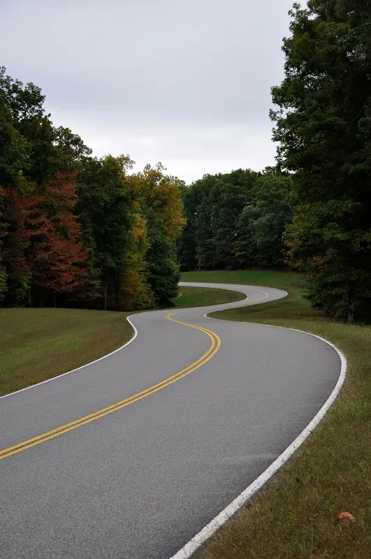 A slightly curvy section of the Natchez Trace Parkway in Early Fall